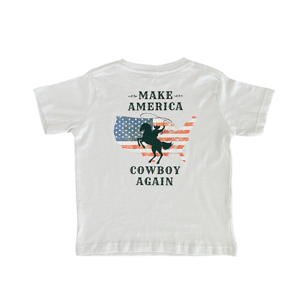 MAKE AMERICA COWBOY AGAIN KIDS UNISEX T-SHIRT (BACK PRINT)