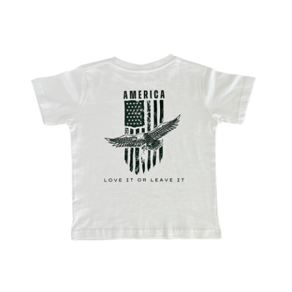 AMERICA, LOVE IT OR LEAVE IT ADULT UNISEX T-SHIRT (BACK PRINT)